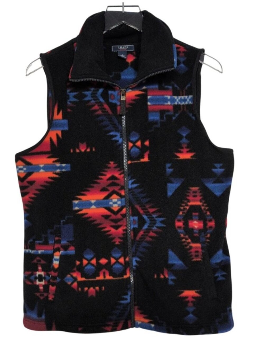 Chaps Southwestern Fleece Vest Womens Size Large Black Boho Western Full Zip
